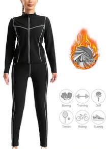 Women's Sauna Suit, Women's Sports & Fitness Sweat Suit, Women's Sweat Shirt, European And American Women's Sweat Shirt, Sports Sauna Sweat Shirt, Fitness Yoga Sweat Shirt, Long Sleeve Sweat Shirt, Sweat Pants - Black - View 5