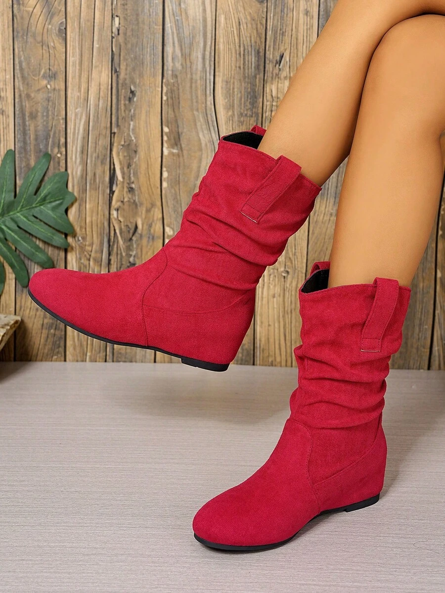 1 paire de bottes mi-mollet à plateforme confortable et à bout rond pour femmes, bottes à doublure thermique à enfiler - Rouge - Voir 1