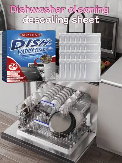 [24 片深层清洁片] 洗碗机清洁片，24 片 - 深层清洁和除垢，用于室内装饰，去除异味，去油污配方，清新香味 - 适用于所有洗碗机品牌，洗碗机清洁和除垢片，去除油脂、污渍、厨具、家用洗碗机清洁剂