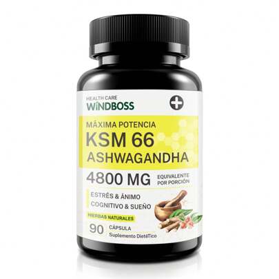 Windboss Cápsulas de Ashwagandha KSM-66 4800mg, Suplemento Orgánico de Ashwagandha, Sin Gluten, No Transgénico, Vegano, con Pimienta Negra para Mejor Absorción, y Apoyo al Sueño - 90 Cápsulas