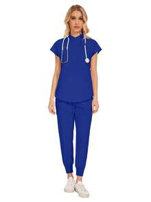 Wholesale Fashion Dental Clinic Uniform Set, Solid Color Surgical Gown V-Neck Pocket Women's Surgical Gown Set With Sweatpants - Royal Blue - View 8