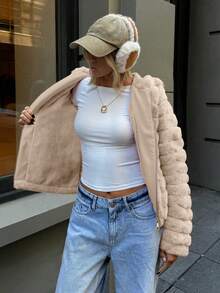 Chaqueta con capucha de piel sintética con bolsillos para mujer Risissida - La elección perfecta para otoño/invierno - Beis - Ver 4