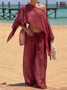 Women Sequin Shiny Glitter Knit Poncho Off Shoulder See-Through Crochet Cape Sheer Shrug Lightweight  Summer Holiday Beachwear Sheer Mesh Swimsuit Bikini Cover Ups Poncho Top Shawl - Đỏ - Xem 4