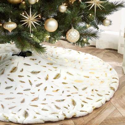 1PC White Faux Fur Christmas Tree Skirt, Large Plush Fluffy Round Mat With Gold Foil Feather Pattern For Holiday Xmas Party Supplies, Luxury Indoor Home Decorations, Thick Tree Base Cover,Soft Fluffy Faux Fur Round Tree Mat To Cover Stand For Winter Holiday Season, Elegant Xmas Home Decor,Modern Boho Holiday Decor For Christmas Party, Living Room Ornament