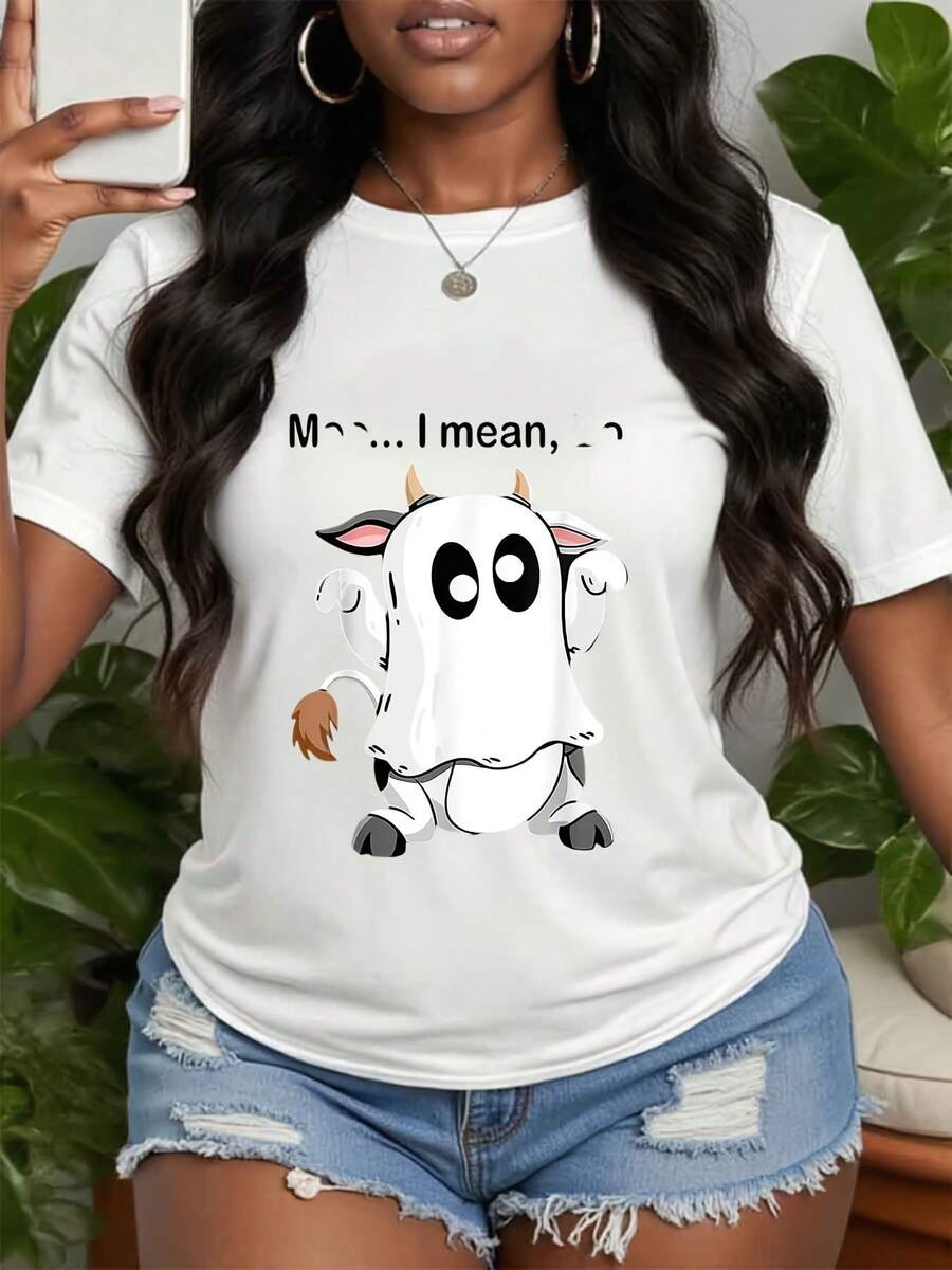 Halloween Elements Highland Cow Graphic T-Shirt, Halloween Highland Cow Shirt, Funny Cartoon Highland Cow & Pumpkin Tee, Machine Washable Fabric, Highland Highland Cow Shirt, Ideal For Halloween&Christmas&New Year&Thanksgiving - White - View 1