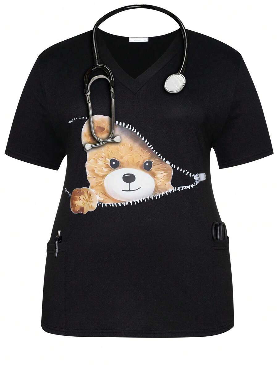 大尺碼女款春夏時尚V領短袖護理刷手服上衣,3D可愛熊印花,附口袋,黑色秋季護理刷手服 - 黑色 - 查看 1