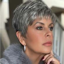 Elegant Pixie Cut Wig With Bangs For Women - Grey Color, 180% Density, Pre-Plucked Brazilian Human Hair, Glueless Layered Style, Versatile Styling & Trimming - 灰 - 查看 2