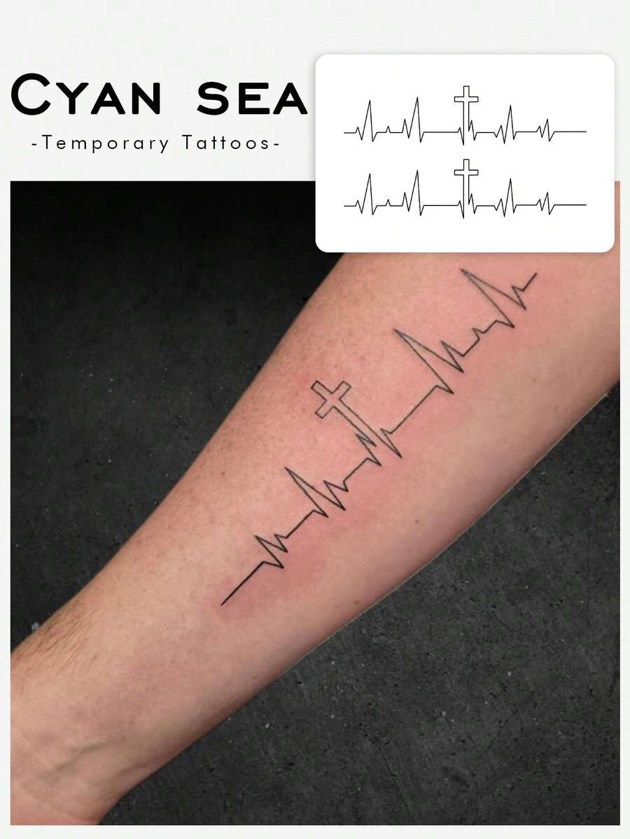 Tatuaje temporal resistente al agua y al sudor, lavable. 1 hoja. Diseño único y de alta calidad. Tatuaje de línea de latido activo. Patrón de electrocardiograma de moda. Adecuado para personas para uso diario. - Negro - Ver 1