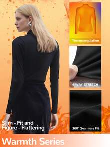 1 件 - 女士黑色高领保暖上衣 | 保暖内衬，温暖舒适 | 修身打底衫，适合秋冬季居家休闲和户外叠穿，保暖 - 黑色 - 查看 2