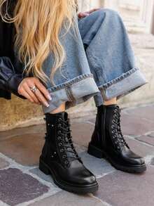 Boots Femme Semelle épaisse Style Rock Avec Anneaux Decoratifs - Black - View 2