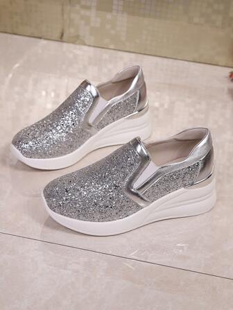 Women's Platform Sneakers With Metallic Gradient Glitter Casual Geometric Pattern Patchwork Sporty Chic Party Shoes, All Season