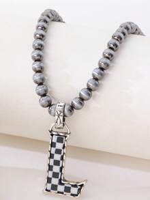 1pc Western Country Style Vintage Textured CCB Multicolor Leopard Print Black & White Plaid 26 Letter Minimalist Pendant Necklace, Sweater Chain