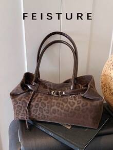 1pc Fashion Leopard Print Shoulder Bag, Large Capacity Tote Bag For Daily Commute And Shopping, Strap Decor, Magnetic Closure, Bags For Ladies Fashionable, New Fall Winter Tiger Print Bag For Women - Coffee - View 3