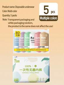 1包/5件。一次性女士内裤，无菌包装，适合旅行和产后使用，大尺码，采用聚酯纤维制成，柔软，透气，颜色鲜艳，作为一次性内衣配件，防漏卫生内裤，私密卫生，私密保护，不露出内裤，适合旅行和经期使用。