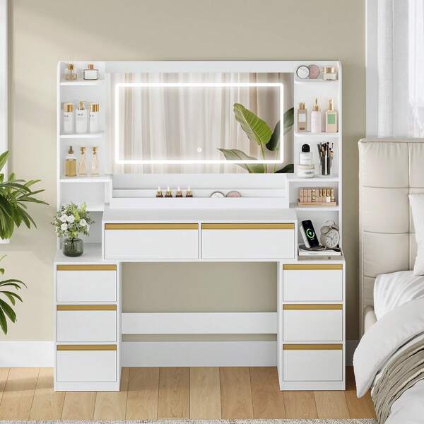 HaluPeit Dressing Table With Mirror, Vanity Desk, Adjustable 3-Colour LED Lights, Makeup Desk With Plug, Hairdryer Holder, 8 Drawers, Open Storage Spaces, 40 * 135 * 145.2 Cm, Modern, White