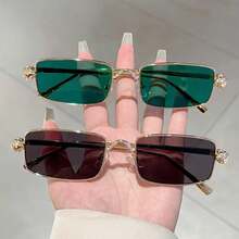 1 Pair Women Full Frame Rectangle Fashion Glasses Vintage Metal Frame Leopard Head Decoration Classic Green Glasses High-End Light Luxury Men Glasses Suitable For Taking Photos And Wearing - 透明的 - 查看 9