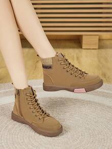 Women's Flat Lace-Up Fashion Western Boots, Lightweight Soft Sole Durable Outdoor Casual Side Zipper Ankle Boots, Autumn/Winter