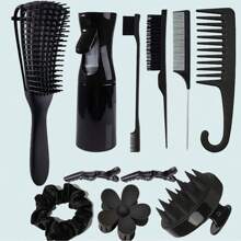 11件套男女通用美发梳套装，包含蓬松梳、边缘梳和后梳梳理梳，以及带喷雾瓶的卷发梳套装，方便梳理打结的头发。此外，还包含头皮按摩洗发梳、高级宽齿梳、花朵发夹、造型梳套装、梳子、梳齿梳、梳子、后梳、边缘梳、梳齿梳、梳子、理发师、美发设备、美发、梳子、梳子套装、梳子、卷发梳、梳齿梳、女士梳子、理发店、美发设备 - 彩色 - 查看 8