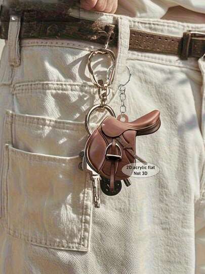 亚克力马鞍形女士钥匙扣时尚棕色马术主题装饰吊坠迷人运动风格背包饰物适合骑马爱好者 2D 平面坠落