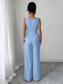 Conjunto de pantalón y camiseta de mujer de unicolor y elegante - Azul cielo - Ver 4