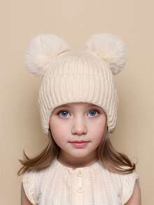 1 chiếc mũ len beanie trẻ em mùa đông, màu trơn, đan len, 2 quả bông, mũ len cho bé unisex, mũ trùm đầu dày ấm mặc hàng ngày - 1PC - Xem 3