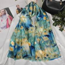 100% Mulberry Silk Scarf For Women Lightweight Long Scarves Beach Wraps Cover Up -Travel Photography Scarfhalloween - 藍色米色花卉 - 查看 3