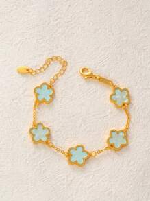 1pc Colorful Shell Inlaid Clover Charm Flower Chain Bracelet, Fashionable & Elegant For Women & Girls - Gold - View 32