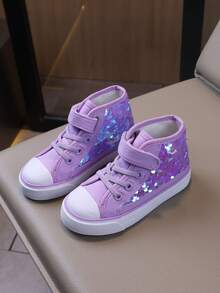 儿童闪光中帮时尚帆布鞋，平底，透气，防滑，女童运动鞋，亮色儿童运动鞋，适合返校 - 紫色 - 查看 1