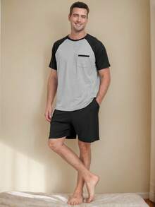 SANOPY Men's Pajama Sets Summer Pjs Sleepwear Nightwear Lightweight Quick Dry Soft Short Sleeve Pjs Sleep Set With Pocket - 黑色 - 查看 2