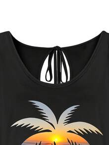 Plus Size - Women'S Oversized T-Shirt With Tropical Palm Tree & Sunset Design - Casual, Elegant Strapless Top In Black, Perfect For Summer Outfits Or Gifts, Summer Fashion Top | Tropical Print Top | Asymmetrical Hemline, Tropical Dress - 黑色 - 查看 5