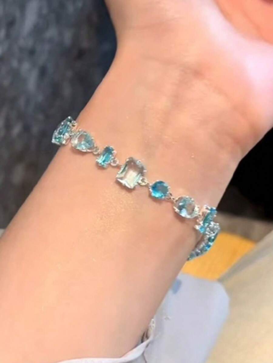 1pc Sweet Blue Bracelet For Women, Zirconia Inlaid, Fashionable & Versatile, Friendship Gift