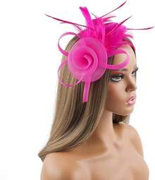 Fascinators Hats Women,Tea Party Fascinator Hair Clip With Feathers Wedding,Derby Hats Headbands - Ha9462-玫瑰紅 - 查看 2