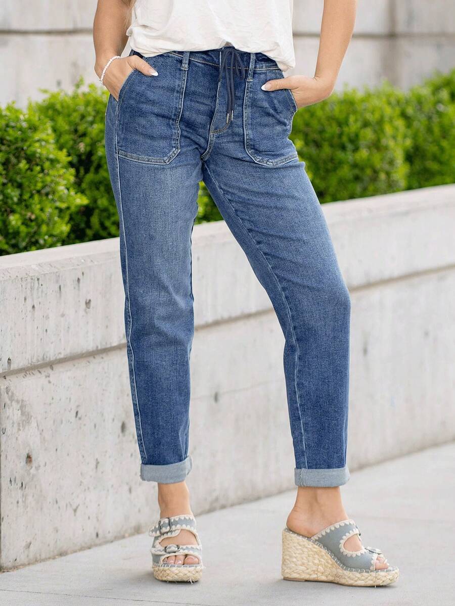 Womens Casual Elastic Waist Pull On Jeans Lightweight Drawstring Denim Pants - Màu xanh lam - Xem 1