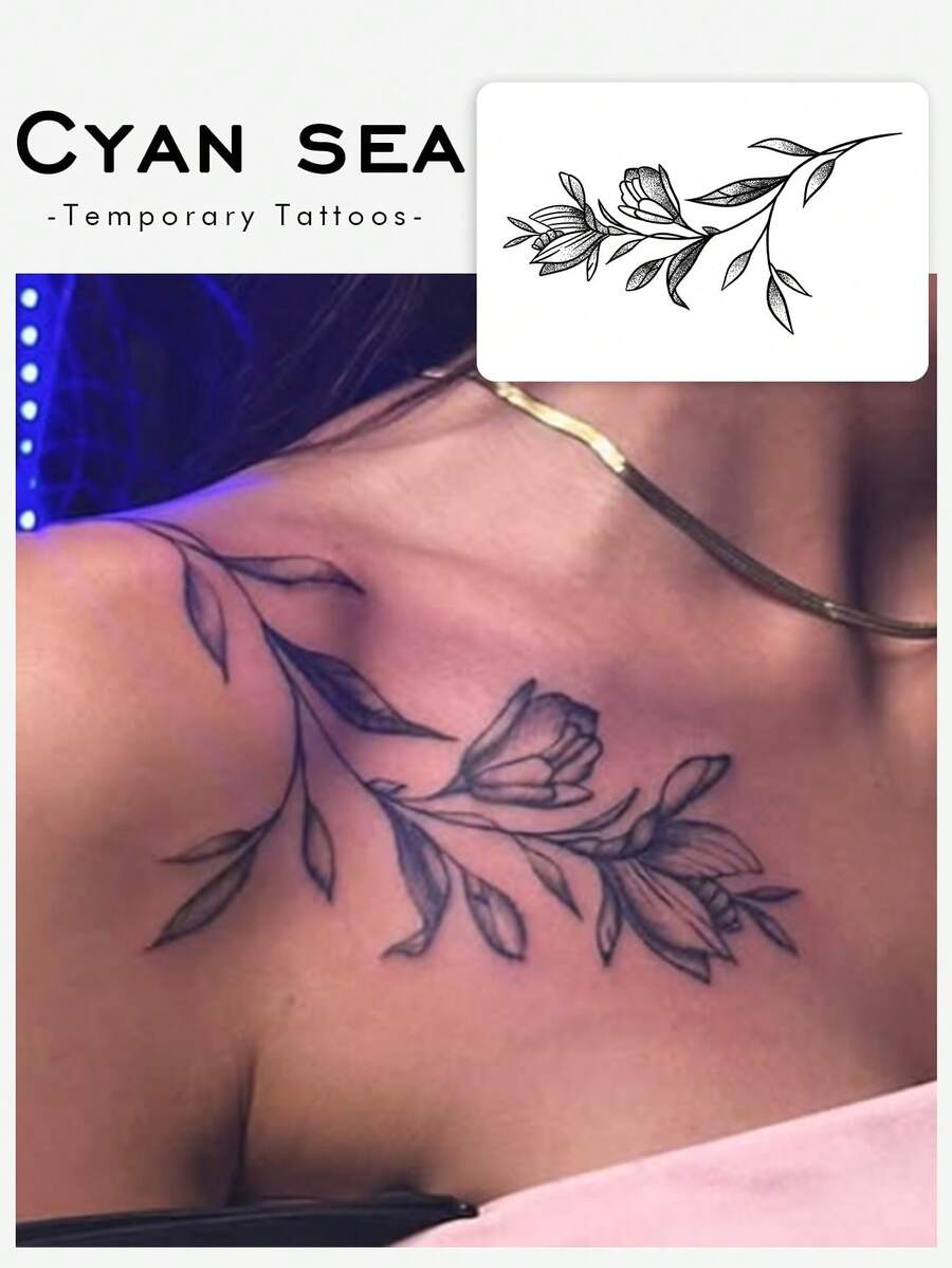 1pc Waterproof Sweat-Proof Washable Temporary Tattoo Sticker, PVC Personalized Premium Design Ink Rose Floral Unique Fake Tattoo, Fashionable Plant Floral Pattern Suitable For People Daily Use - Black - View 1