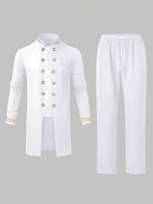 男士白色达希基套装（两件套）：双排扣长袖西装外套，松紧腰长裤，金色刺绣，非洲时尚休闲衬衫裤套装，适合派对、婚礼、文化活动、传统仪式等场合。 - 白色 - 查看 2