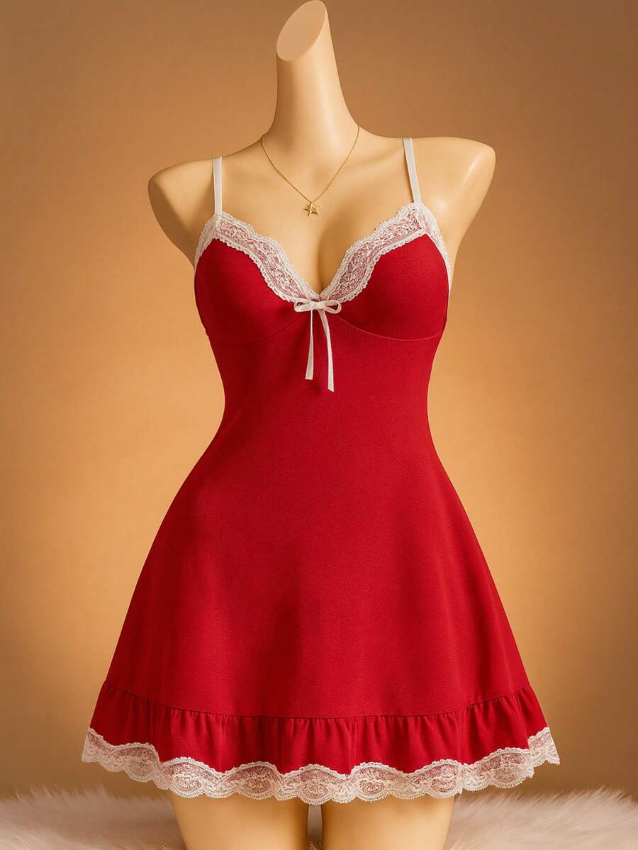 SOFUSEN Women Chemise Modal Sleepwear V-Neck Full Slip Lace Lingerie Sexy Nightgowns Nightgown, Nighty For Women Sexy , Super Soft Comfortable Modal Sleepwear With Decent Floral Lace Detail, No Worries Scratch The Skin You Will Fall In Love With The Smooth Feeling. - 紅色 - 查看 1