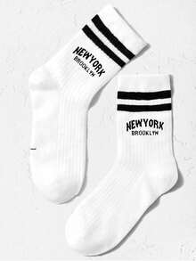 1雙兒童雙橫條紋時尚字母運動中筒襪,日常休閒百搭