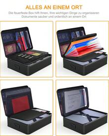 Dokumententasche Dokumentenbox, Feuerfeste Dokumentenmappemit Schloss, Ordner (Sichere Aufbewahrungslösung aus hitzebeständigem Fiberglas (bis 2000°F), 1-tlg., Mit mit 7 Fächern, Passwortschloss, wasserdicht & tragbar), 36 x 10 x 26,9 cm, für Dokumente, Karten, USB u.v.m. - Schwarz - Übersicht 2
