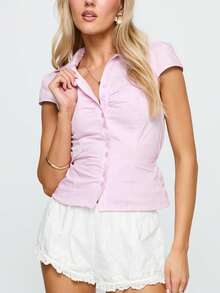 Women Y2k Button Down Shirt Top Tie Back Blouse Cap Sleeve Lapel Ruched Front Slim Fit T Shirts Crop Tops Summer Casual Going Out Tops Vintage Aesthetic Clothes Retro Blouse Streetwear - Hồng - Xem 3