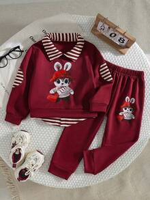 Outfit da 2 pezzi per bimbo piccolo, con stampa di coniglio e blocchi di colore, camicia a maniche lunghe con colletto a righe + pantaloni con stampa di coniglio, completo di moda adorabile, versatile per uso casual, uscite e feste