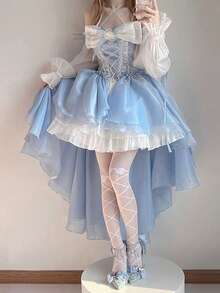 Blue Lolita Dress Design, Short In Front And Long In Back, Bride, Heavy Industry, Big Ribbon, Princess With Tail - Màu xanh (có tay áo và hoa) - Xem 3