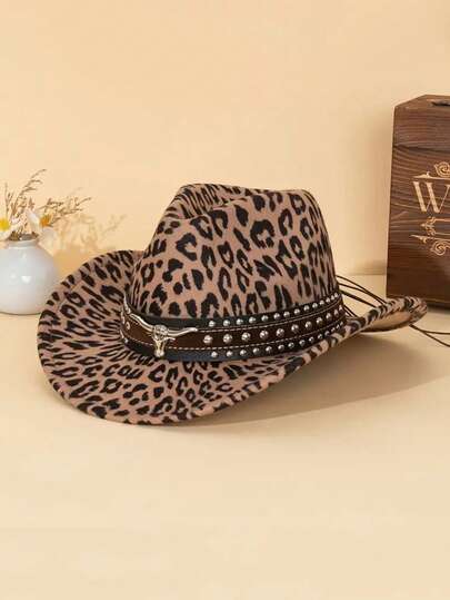 1pc Unisex Western Leopard Print Cowboy Hat, With Detachable Strap Decor, Fashionable Retro Stylish Hat, Suitable For Outdoor Travel, Gatherings, Festivals, Parties, Halloween