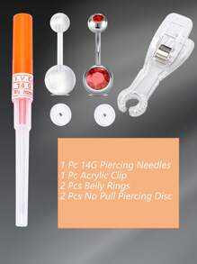 Set de 6 piezas/juegos de kit de perforación de ombligo, kit de aguja de perforación de ombligo, anillo de perforación de ombligo de calibre 14 - Naranja - Ver 7