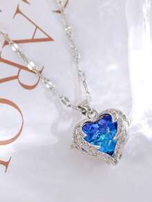 Luxury Elegant Heart Pendant Necklace With Colorful Crystals Stainless Steel Chain For Women Ideal - Bạc - Xem 3