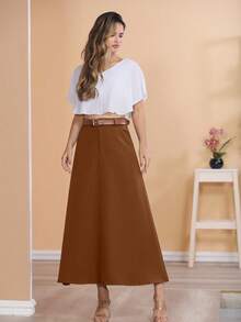 Long Monochromatic Tailored Skirt With Black Belt/Button Details/Casual/Took/Everyday/Summer/Elegant/Casual/Stylish/Collection 2024 - Cà phê nâu - Xem 1