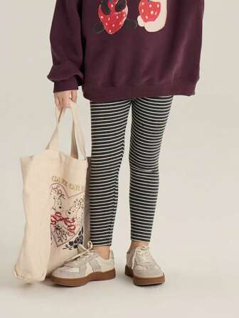 2-14 Years Old Kids Black & White Striped Leggings, Classic Monochrome Stripe Simple Fashion Versatile Children Tight Pants, Suitable For School, Back To School