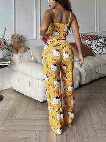 2 件套 Hello Kitty 印花女式吊带短款上衣 + 松紧腰直筒裤可爱睡衣套装 - 黃色 - 查看 5