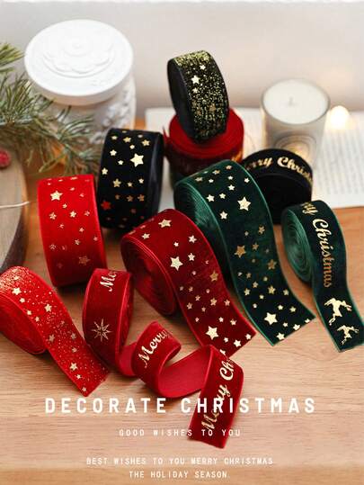 1条200厘米金色星星鹿点缀天鹅绒布丝带，可用于发饰、帽子、DIY服装配饰、派对礼物等，金色闪光丝带，非常适合礼品包装、节日装饰、婚礼、圣诞节、DIY手工项目、家居装饰、圣诞装饰、房间装饰、冬季装饰等。