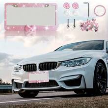 2PCS Stainless Steel License Plate Frames, Pre-Drilled US Standard Size, Scratch-Resistant & Weatherproof (White/Pink/Black), Custom Car Decor Accessories, Stylish Plate Protector, Practical Gift For Car Owners - 粉紅色和粉紅色蝴蝶結 - 查看 6