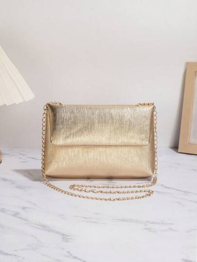 New European & American Style Gold Chain Crossbody Bag, Fashionable Portable Storage Bag, Pleated PU Leather Lunch Bag, Solid Color Flap One Shoulder Bag, Flap Coin Purse Phone Bag, Suitable For Women, Girls, Students, Back To School, Wedding, Holiday, Wedding Party, Commuting, Shopping And Other Occasions, Exquisite And Versatile.